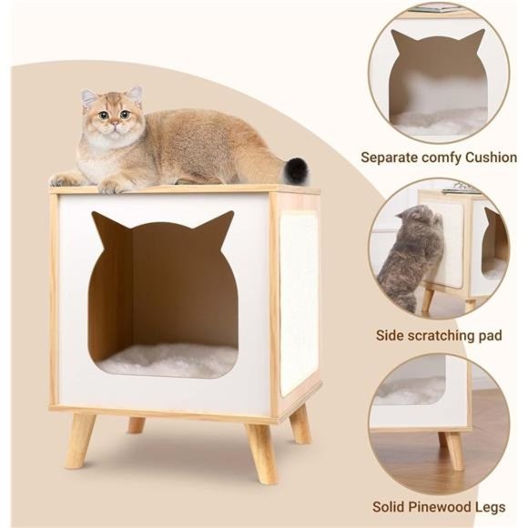 Wooden Cat House, Cat Condo Wood Kitten Hidden Cave TV Cat Bed with Cushion - Picture 4 of 7